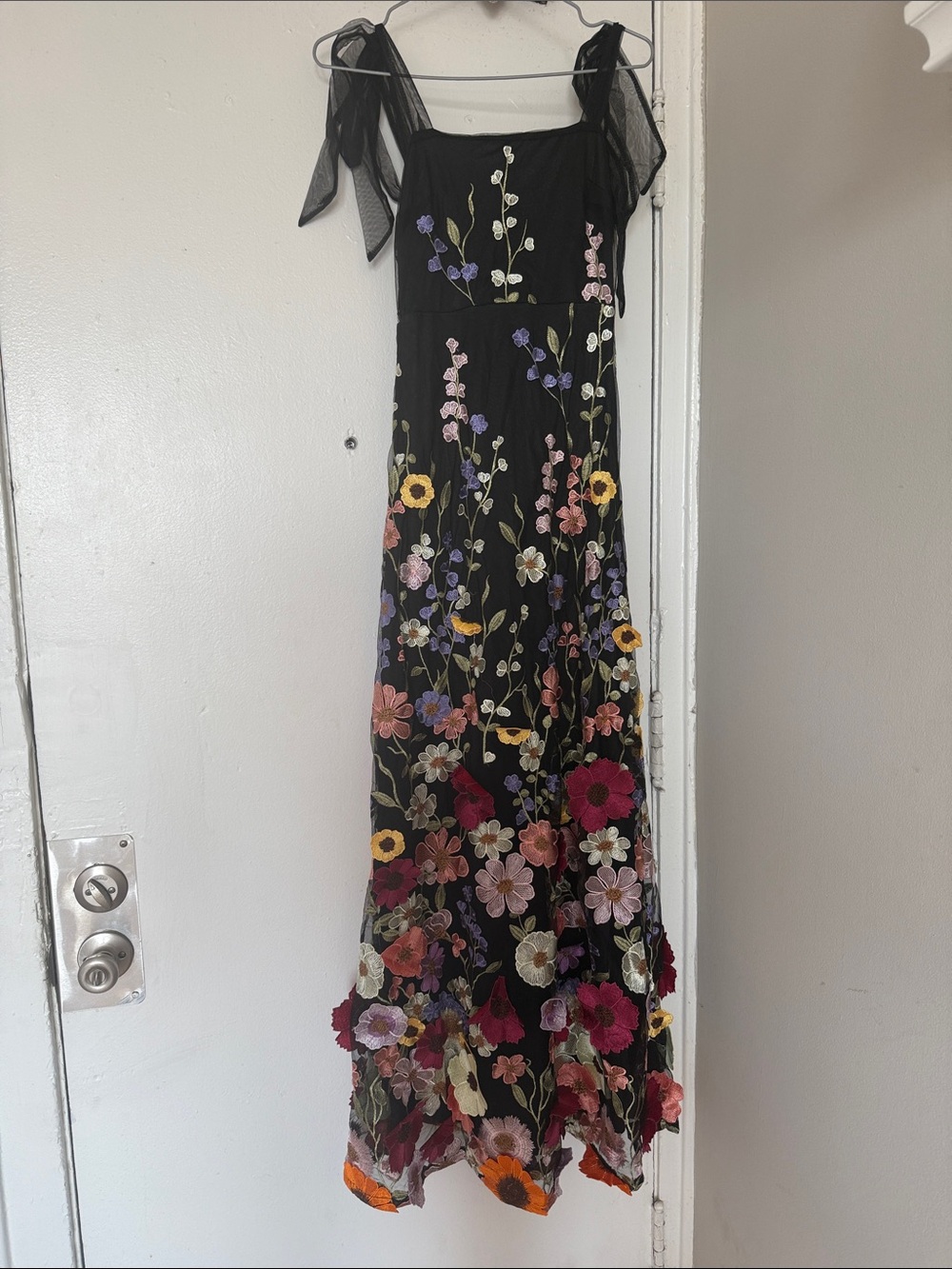 Lulu's Black Maxi Dress with Multicolor Floral Embroidery and Sheer Tie Straps